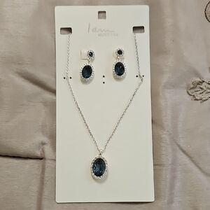 Elegant Silver and Blue Oval Stone Necklace & Earrings Set